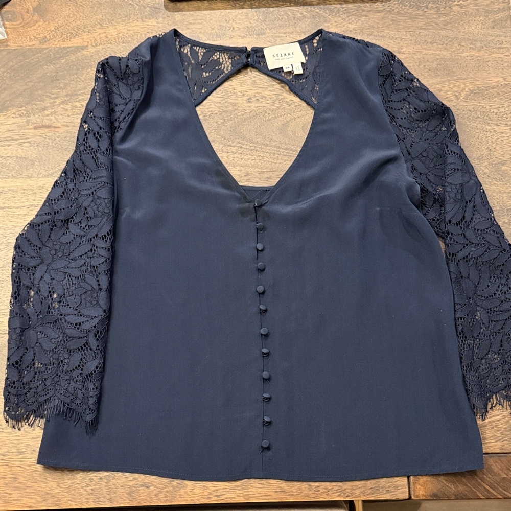 Sezane Navy Lace Sleeve Top